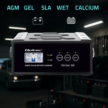 Akumuliatoriaus įkroviklis QOLTEC 52514 — 12V/24V, 25A, AGM/GEL/SLA akumuliatoriams su LCD ekranu