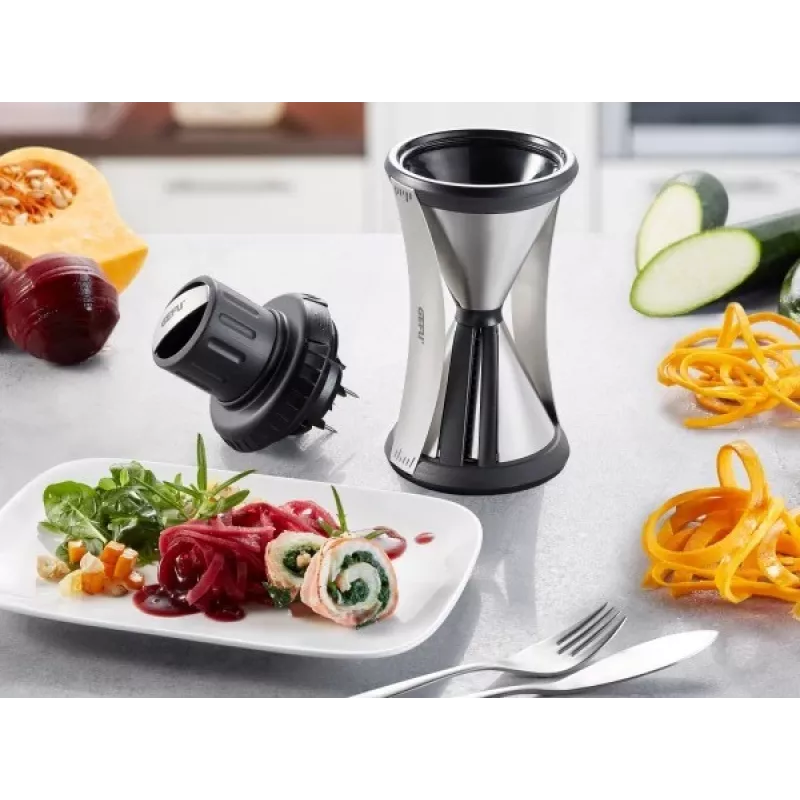 Spiralinė pjaustyklė GEFU SPIRELLI XL 13700 – daržovėms iki Ø 6,5 cm, dvi spiralės pločiai 4,5 mm ir 8 mm