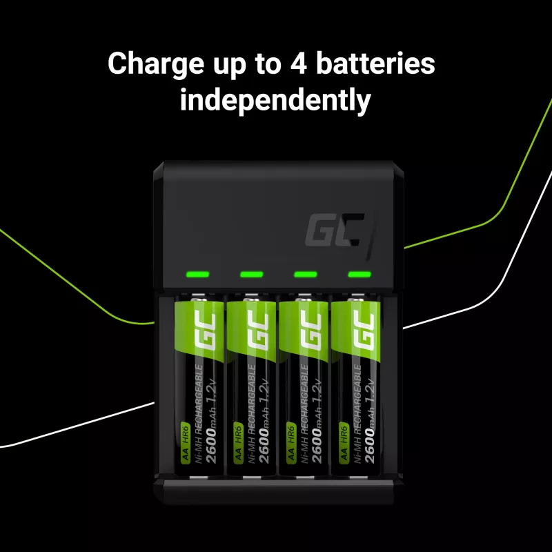Green Cell GC VitalCharger USB akumuliatorių įkroviklis, 4 lizdai, AA/AAA, USB maitinimas, juodas
