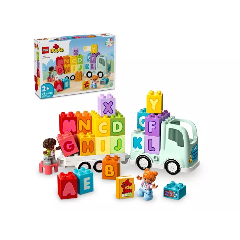 Konstruktorius LEGO DUPLO 10421 ABC sunkvežimis, 36 dalių, 2 minifigūrėlės, nuo 2 m., matmenys 110×140×70 mm