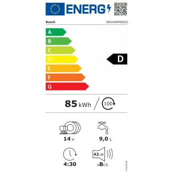 Bosch SMU4HMW02S | Įmontuojama indaplovė | 60 cm | 14 komplektų | 6 programos | Energijos klasė D | Ekranas | AquaStop | Balta