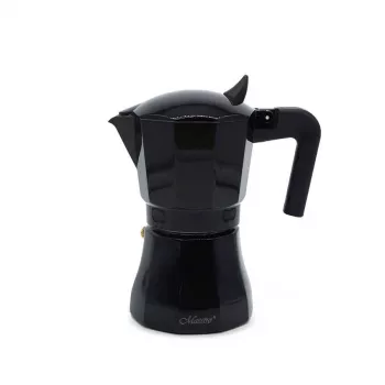 Moka puodas Maestro MR-1658-3 – aliumininis kavos virimo aparatas viryklei, 3 puodeliai (0,15 L), juodas, su vyriais dangteliu