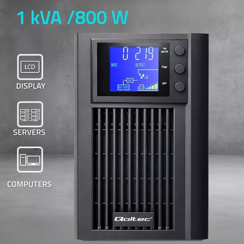 UPS QOLTEC Pure Sine Wave 1kVA 800W su AVR ir LCD ekranu