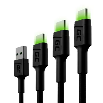 USB-C kabelių rinkinys Green Cell GC Ray — USB A į USB C 3 ilgiai (30 cm, 120 cm, 200 cm), USB PD, 480 Mbps, 2,4 A, juoda