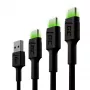 Green Cell GC Ray KABGCSET01 USB-A–USB-C laidų komplektas, 3 vnt. (30 cm, 120 cm, 200 cm), žalias LED, spartusis įkrovimas QC 3.0, juodas