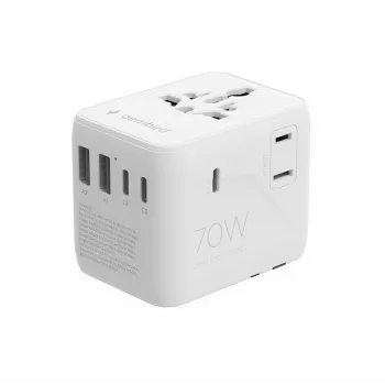 Keliautojų adapteris GEMBIRD TPA-2A3C70-01-W — I tipo kištukas, 3× USB-C (70W), 2× USB-A (18W), 100–250V, baltas