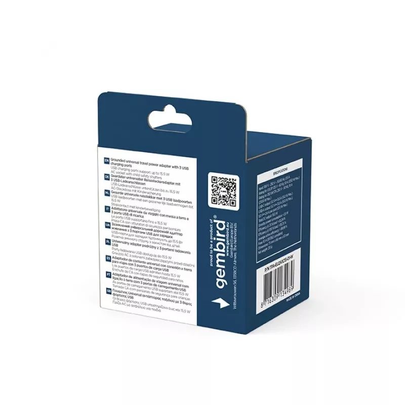 Kelioninis adapteris GEMBIRD TPA-EU2A1C15-01-W — 15W, 2× USB-A + 1× USB-C, E tipo kištukas
