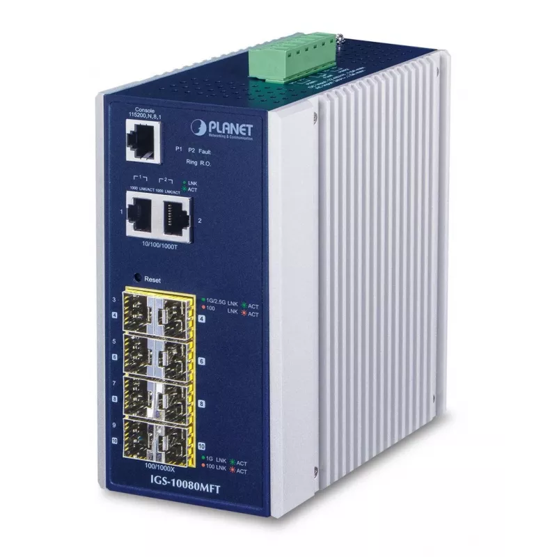 Valdomas tinklo jungiklis PLANET IGS-10080MFT — 2 x Gigabit RJ-45, 8 x SFP, 12–48V DC, valdomas, IP30