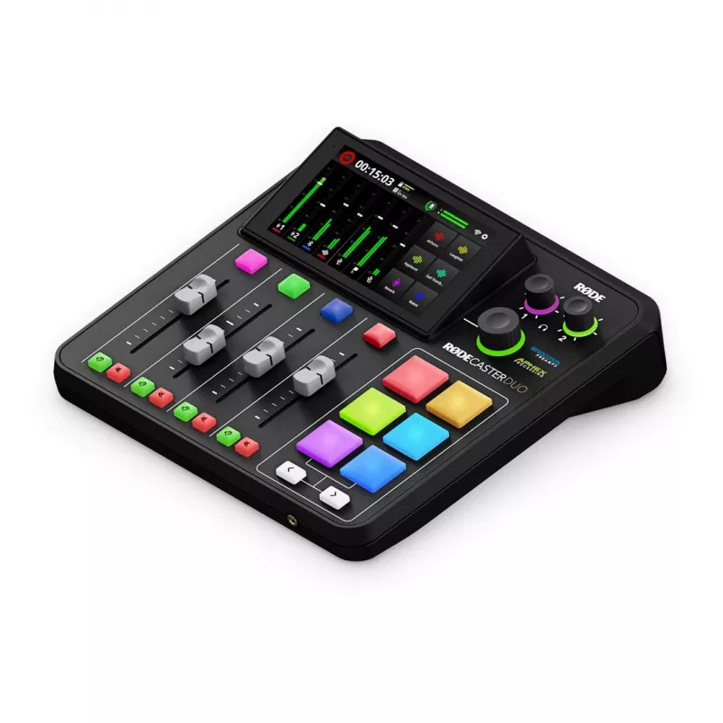 Studijos valdiklis RØDE Caster Duo Black — 2 kombinuoti XLR/TRS, 2 TRS linijiniai išėjimai, 48 kHz, 24 bitai, jutiklinis ekranas, „Wi‑Fi“, „Bluetooth“