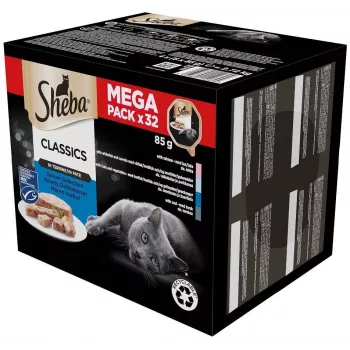 Šlapias kačių ėdalas padėkluose Sheba Pate – Baltosios žuvys / Žuvis / Lašiša / Tunas, 32×85 g, 10% baltymų, 81% drėgmės