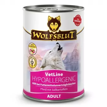 Šlapias šunų ėdalas Wolfsblut VetLine Hypoallergenic Horse 395 g skardinė, visavertis ėdalas suaugusiems šunims, baltymai 10%, riebalai 4.5%, drėgmė 80%