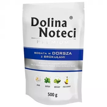 Šlapias šunų ėdalas Dolina Noteci Premium Rich su menke ir brokoliais 500 g – pilnavertis ėdalas suaugusiems šunims