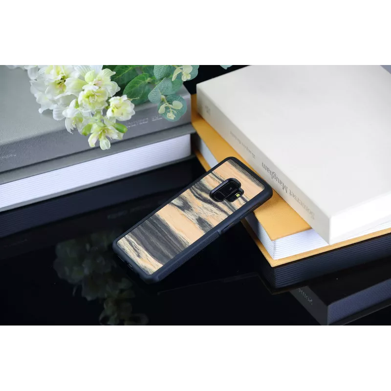 Apsauginis dėklas Samsung Galaxy S9 iš natūralios medienos ir polikarbonato, baltas juodmedis / juodas