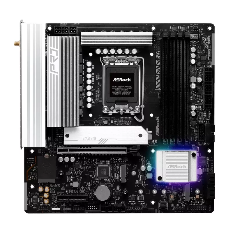 Motininė plokštė ASRock B860M Pro RS WiFi — Intel B860, LGA 1851, micro ATX, DDR5, 4 DIMM, 3x M.2, 2,5Gb LAN, Wi-Fi, Bluetooth