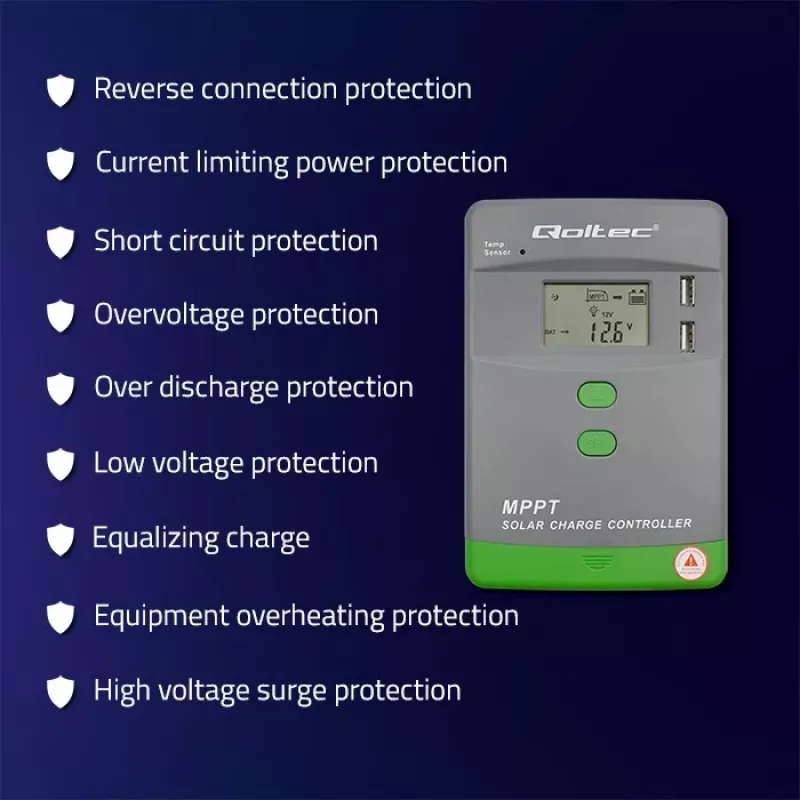 Qoltec MPPT saulės kolektorių valdiklis su temperatūros jutikliu 20A 12V/24V LCD ekranas 2xUSB
