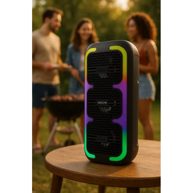 Nešiojamas stereo garsiakalbis SQUEAK SQ1009 – Bluetooth 5.3, 45W RMS, 10h baterija, FM, USB, AUX, LED, 1800 mAh, Juodas