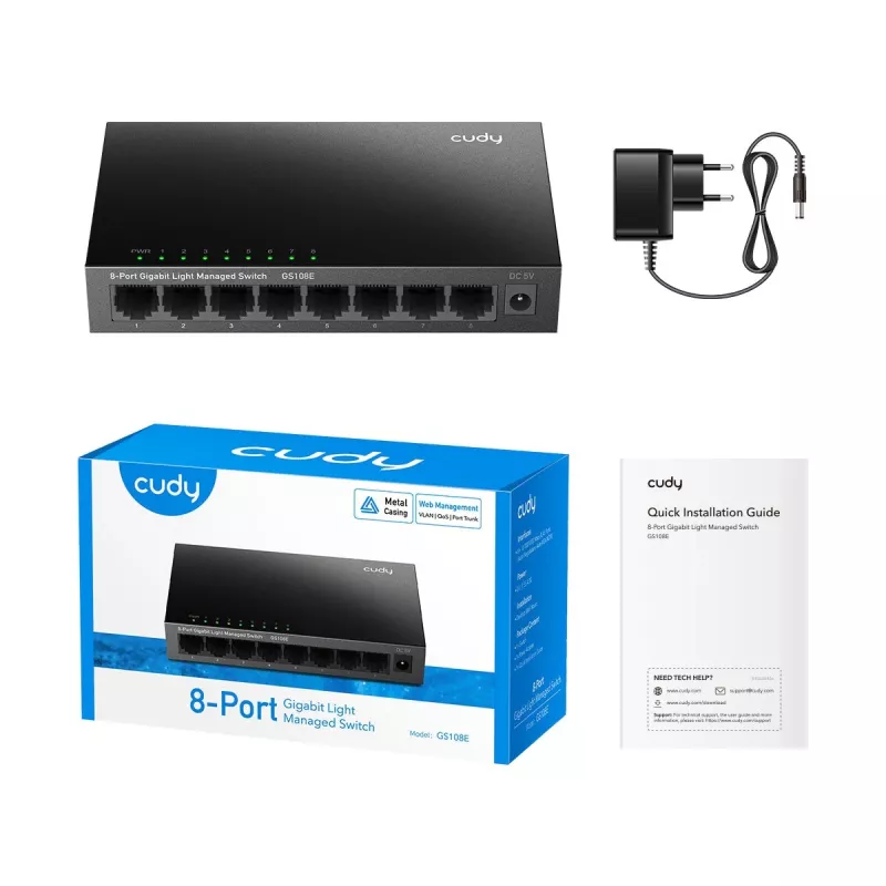 Valdomas komutatorius Cudy GS108E 8 prievadų Gigabit Ethernet, 8x 10/100/1000 Mbps, metalinis korpusas, 16 Gbps perjungimas, IGMP ir DHCP snooping