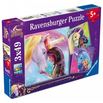 Dėlionė Ravensburger Unicorn Academy — 3 x 49 dalių, rinkinys vaikams