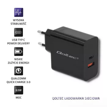 Maitinimo adapteris QOLTEC 51716 — AC 220–240V į 20V 3A (63W), juodas, vidaus universalus įkroviklis