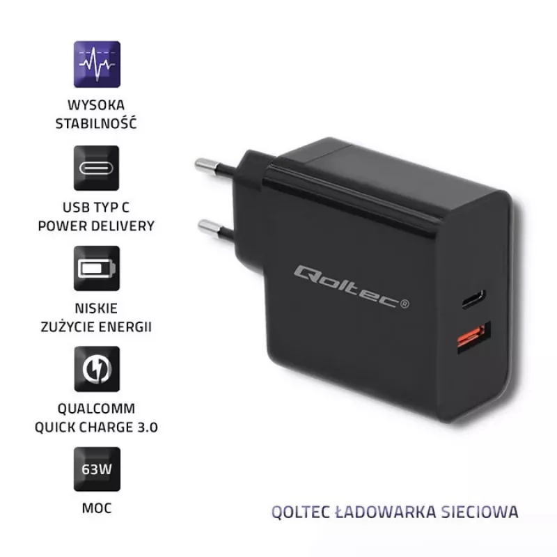 Qoltec 51716 sieninis įkroviklis 63 W, USB-C PD + USB QC 3.0, 5-20 V 1,5-3 A, juodas