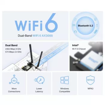 Mercusys WL-PCI AX3000 dviejų juostų „Bluetooth“ Express adapteris (MA80XE)