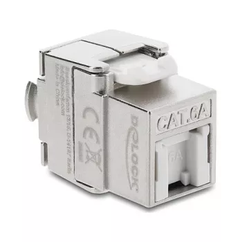 Keystone modulis DELOCK RJ45 į LSA Cat.6A ekranuotas, beįrankis, plokščias, sidabrinis/baltas, su dulkių dangteliu