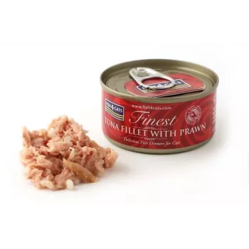 Šlapias kačių ėdalas FISH4DOGS Tuna fillet su krevečių gabaliukais 70 g – konservuotas ėdalas, 83% drėgmės, 14% baltymų, be glitimo ir sojos
