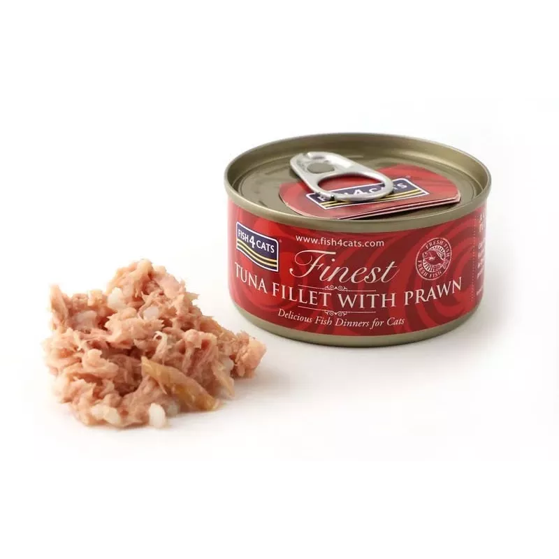Šlapias kačių ėdalas FISH4DOGS Tuna fillet su krevečių gabaliukais 70 g – konservuotas ėdalas, 83% drėgmės, 14% baltymų, be glitimo ir sojos