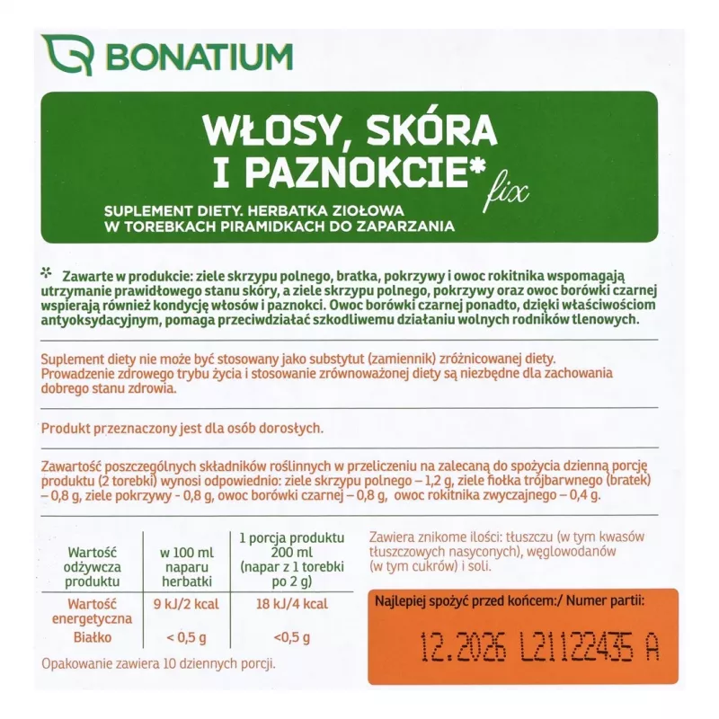 Bonatium žolelių arbata Plaukai, oda ir nagai Fix 20 vnt.