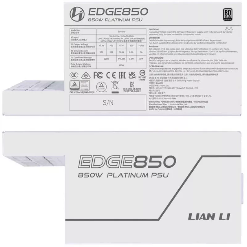 Maitinimo blokas Lian Li EG0850 850 W SFX, 20-pin ATX, 80 PLUS Gold, Baltas