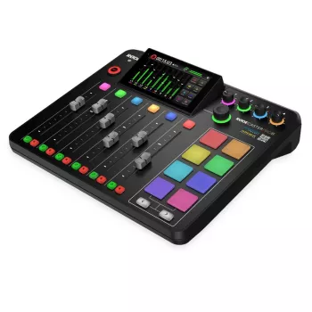 Studijo valdiklis RØDE Caster Pro II juodas — 4 XLR/TRS kombinuotos jungtys, 4 ausinių išėjimai, 8 pagalvėlės, jutiklinis ekranas, Wi‑Fi, Bluetooth, USB‑C