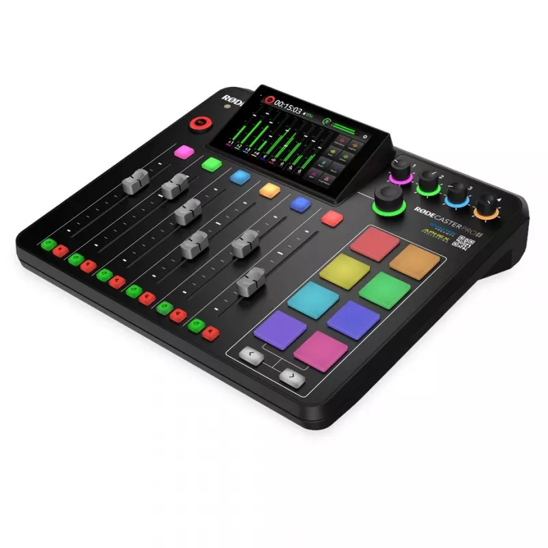 Studijo valdiklis RØDE Caster Pro II juodas — 4 XLR/TRS kombinuotos jungtys, 4 ausinių išėjimai, 8 pagalvėlės, jutiklinis ekranas, Wi‑Fi, Bluetooth, USB‑C