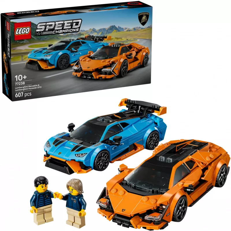 Konstruktorius LEGO Speed Champions rinkinys 77238 – Lamborghini Revuelto ir Huracán STO, 607 dalių, 2 minifigūrėlės, rekomenduojamas amžius 10+