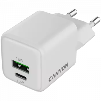Canyon Charger CU20AC GaN 20W PD, 2 prievadai (USB-A/USB-C) balta mažmeninė (CNS-CUW20AC)