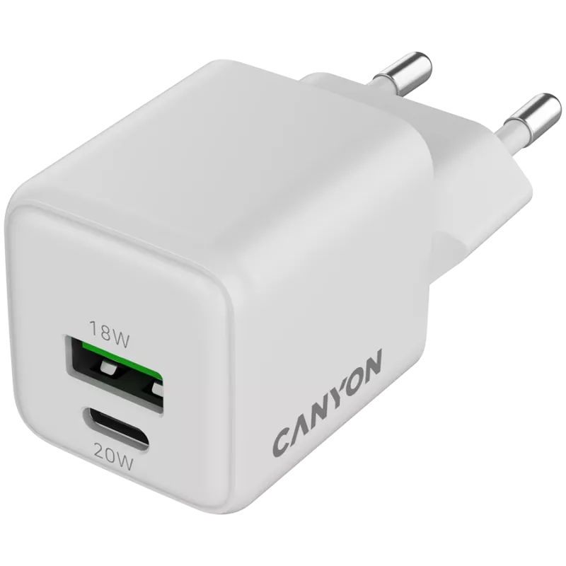 Canyon Charger CU20AC GaN 20W PD, 2 prievadai (USB-A/USB-C) balta mažmeninė (CNS-CUW20AC)