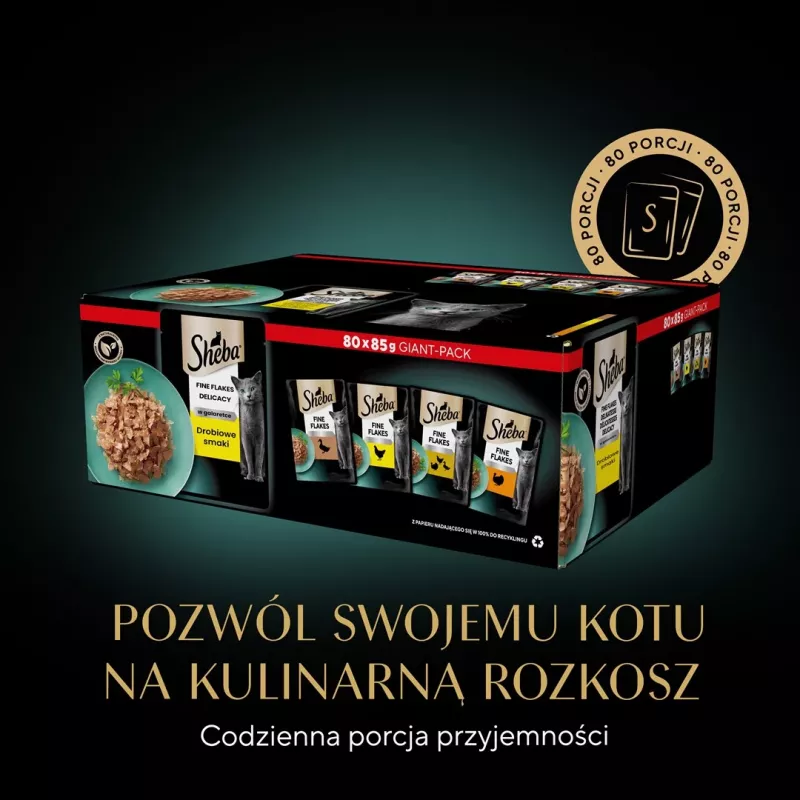 Šlapias kačių ėdalas Sheba vištiena antiena kalakutiena 85 g pakelis (80 × 85 g) suaugusioms katėms, drėgnis 86 %