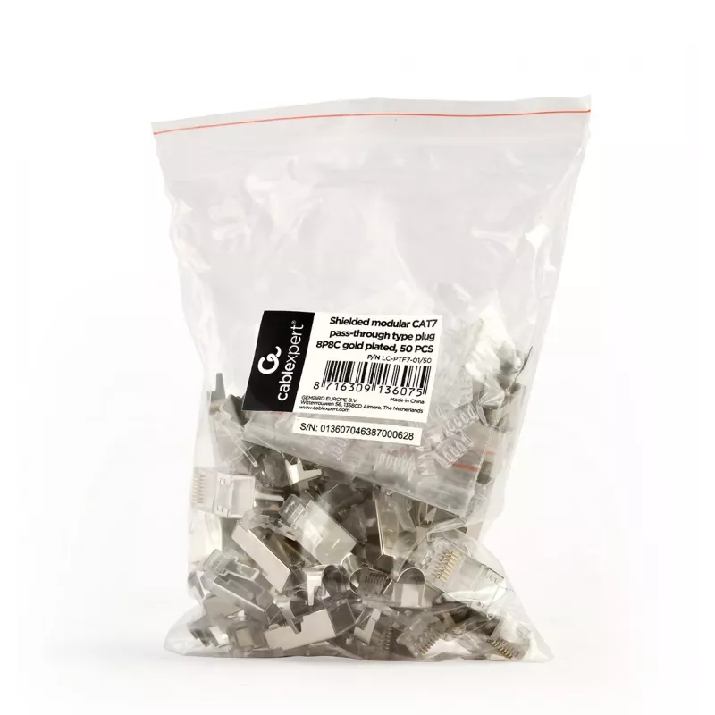 RJ45 jungtys GEMBIRD CAT7 8P8C auksuotos 15µm FTP/SFTP pakuotė 50 vnt.
