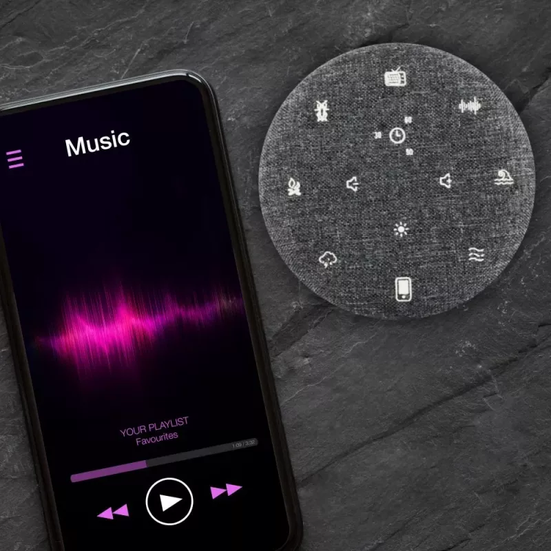 Nešiojamas garsiakalbis MANTA SPK03-GR Szumi-GO – žalias, Bluetooth, kūdikio miego garsai, laikmatis, RGB foninis apšvietimas, 12,5×7,5×12,5 cm
