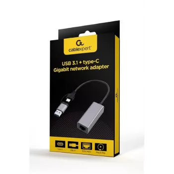 USB 3.1 Type-C Gigabit tinklo adapteris Gembird A-USB3AC-LAN-01 — 1× RJ-45, 1000 Mbps, USB 3.2 Gen 1, metalinis korpusas, pilka