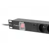 Maitinimo skirstytuvas LANBERG PDU-06E-0200-BK — 6x E tipo lizdai, 16 A, 2 m laidas, 1U stelažas, 220–250 V