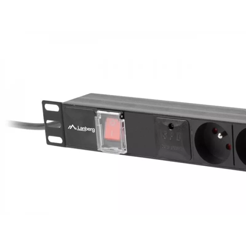 Maitinimo skirstytuvas LANBERG PDU-06E-0200-BK — 6x E tipo lizdai, 16 A, 2 m laidas, 1U stelažas, 220–250 V