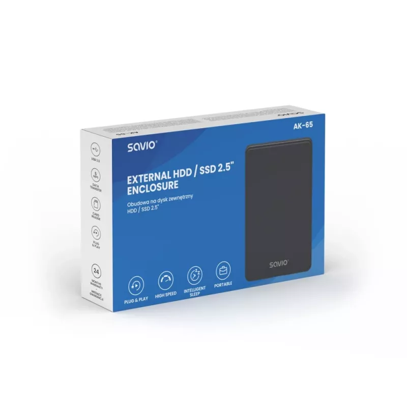 Išorinis HDD/SSD dėklas SAVIO AK-65 Juodas 2.5 colio SATA USB 3.0 5 Gbit/s Micro-USB