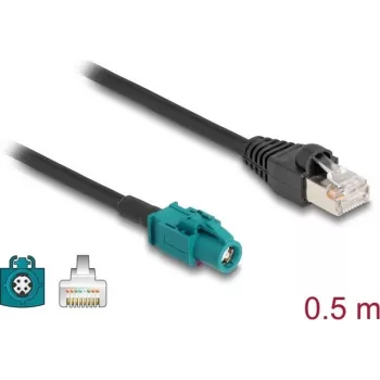 DELOCK tinklo kabelis 91371 — HSD Z į RJ‑45, paauksuoti kontaktai, 0,5 m, juodas