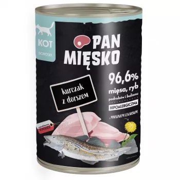 Šlapias kačių ėdalas Pan Miesko Vištiena su Menke 400 g – suaugusiems, be grūdų, alergiškiems katėms