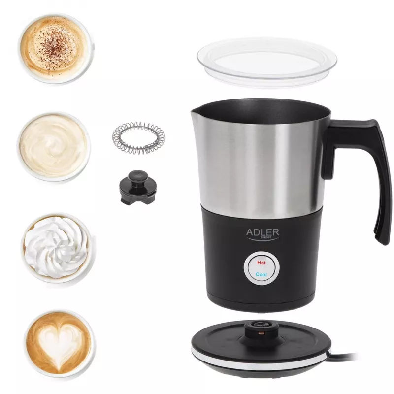 Automatinis pieno putotojas Adler AD 4497 — nerūdijantis plienas, 600 W, putos 120 ml / šildymas 300 ml, karštas ir šaltas