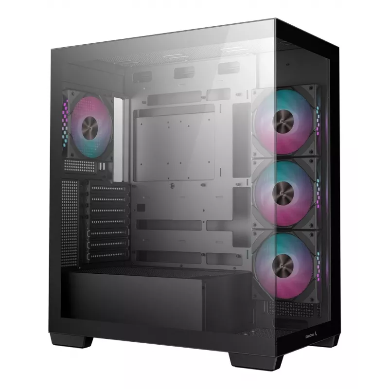 Korpusas DeepCool CG580 4F Midi Tower — ATX/MicroATX/ITX, grūdintas stiklas, 3×120 mm + 1×120 mm ventiliatoriai, 2×3.5 colio ir 2×2.5 colio diskų vietos, USB-A×2 USB-C×1, juodas