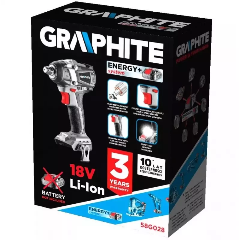 Graphite Energy+ 18V bešepetinis smūginis veržliaraktis, Li-Ion, be akumuliatoriaus
