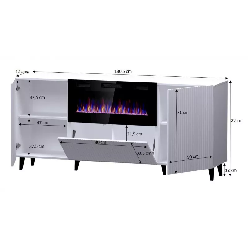 Komoda su elektriniu židiniu Cama Meble PAFOS 180x42x82 cm matinė juoda, 3 durelės, 2 lentynos, 1400–1600 W