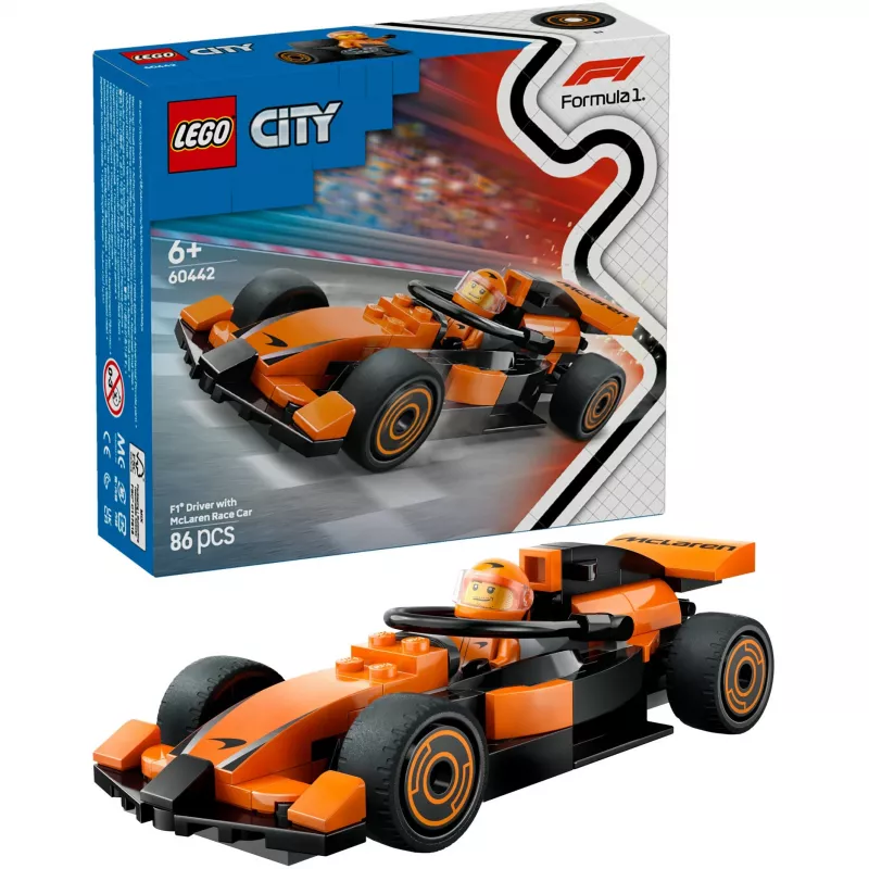 LEGO City F1 lenktynininkas McLaren lenktyninis automobilis 60442 — konstravimo rinkinys, 86 dalys, 1 minifigūrėlė, nuo 6 metų