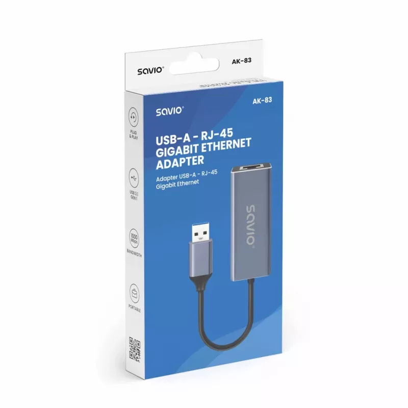 Tinklo sąsajos adapteris SAVIO AK-83 USB-A į RJ-45 vyriškas, 5 Gbit/s, juodas